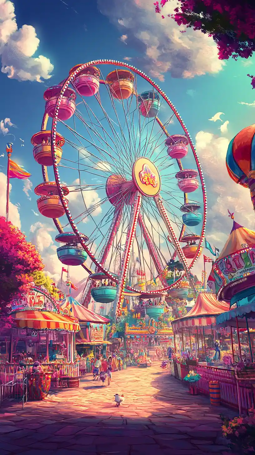 Ruota panoramica di caramelle fiabesca in un colorato carnevale fantastico