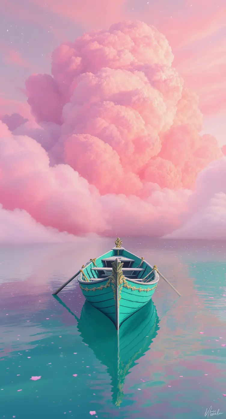 在夢幻粉色雲朵倒影中漂浮的水鴨綠小船