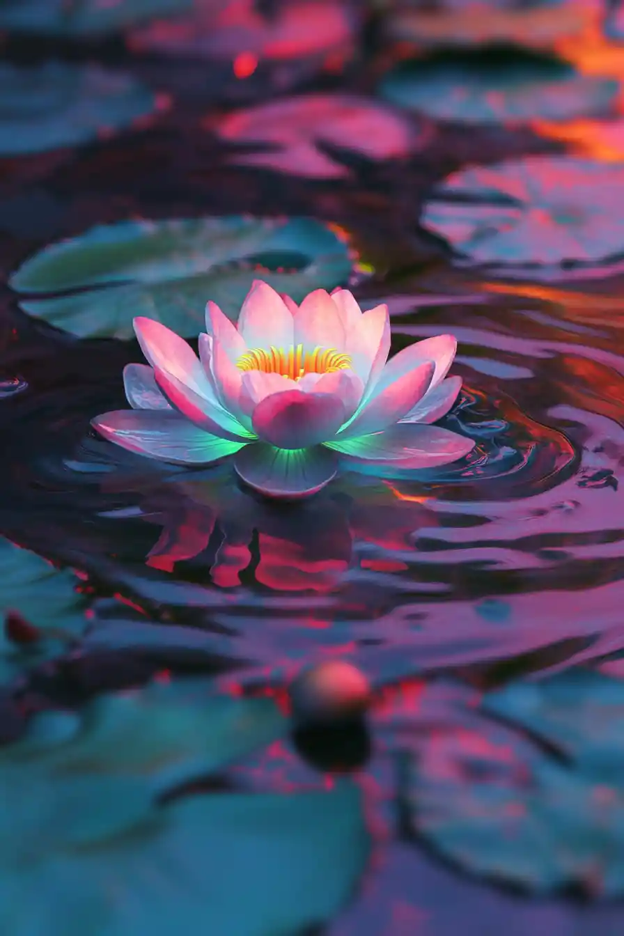 Lotus Flower On Rippled Water With Neon Evening Light