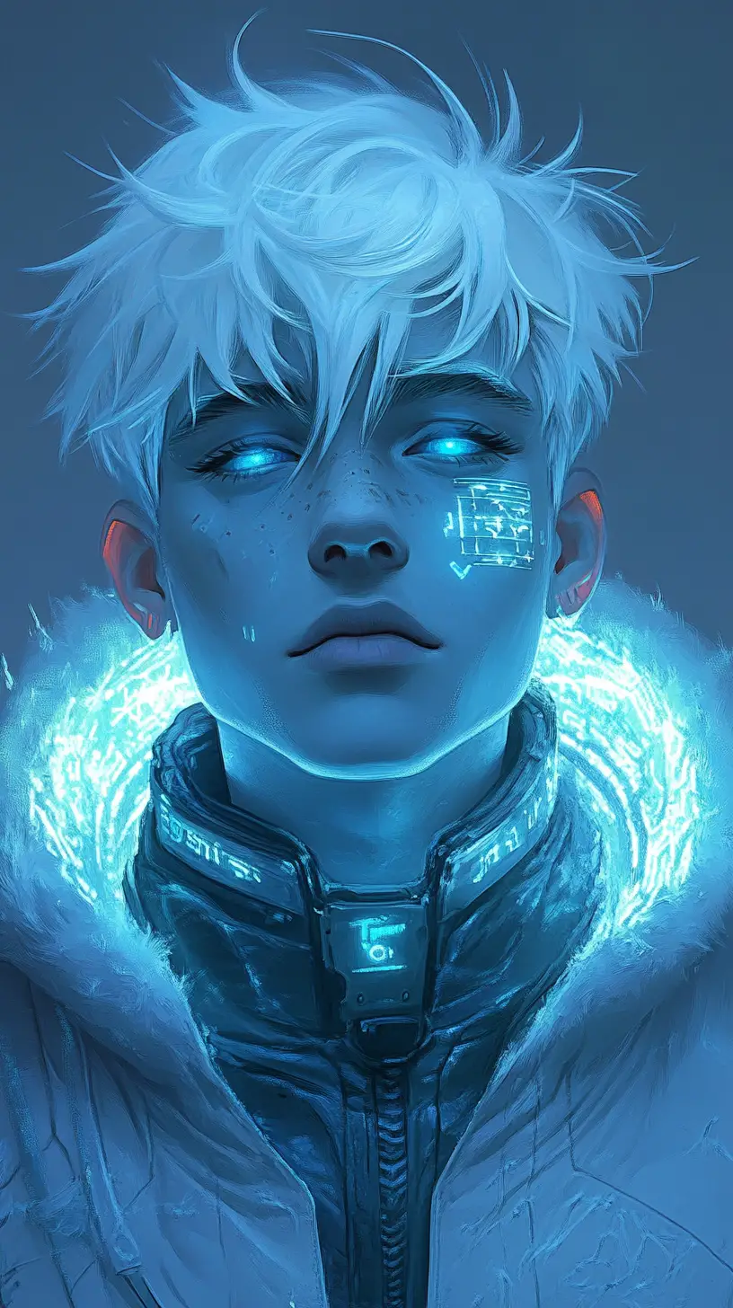 Garçon d’anime aux cheveux glacés et halo cybernétique lumineux
