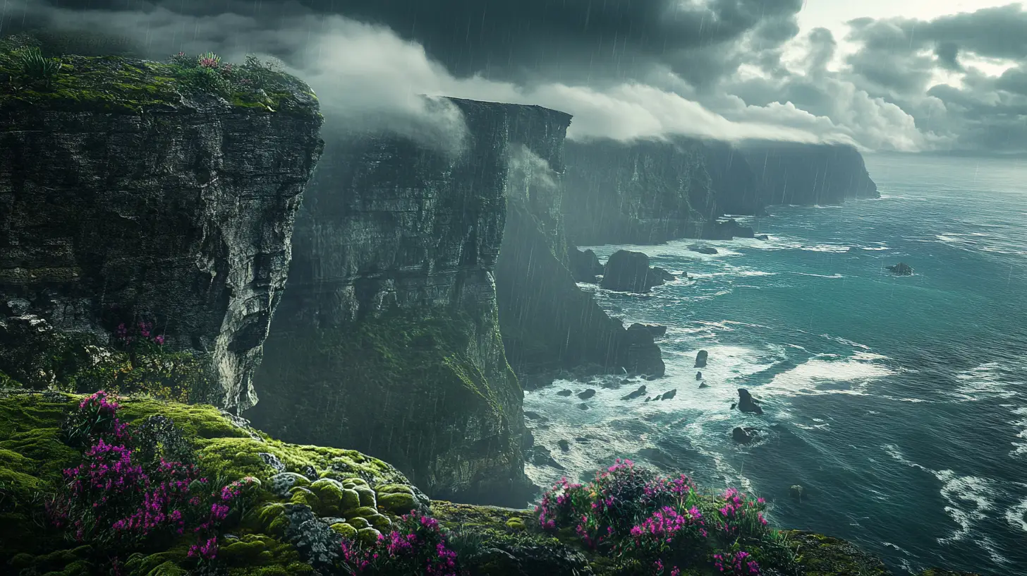 Falaises océaniques fantastiques dans un paysage d’orage pluvieux et mélancolique