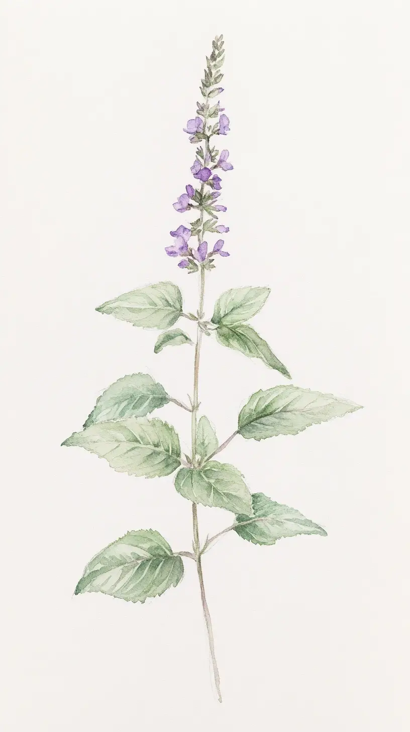 Zarter Aquarell-Minz-Zweig vor weichem grauem Hintergrund