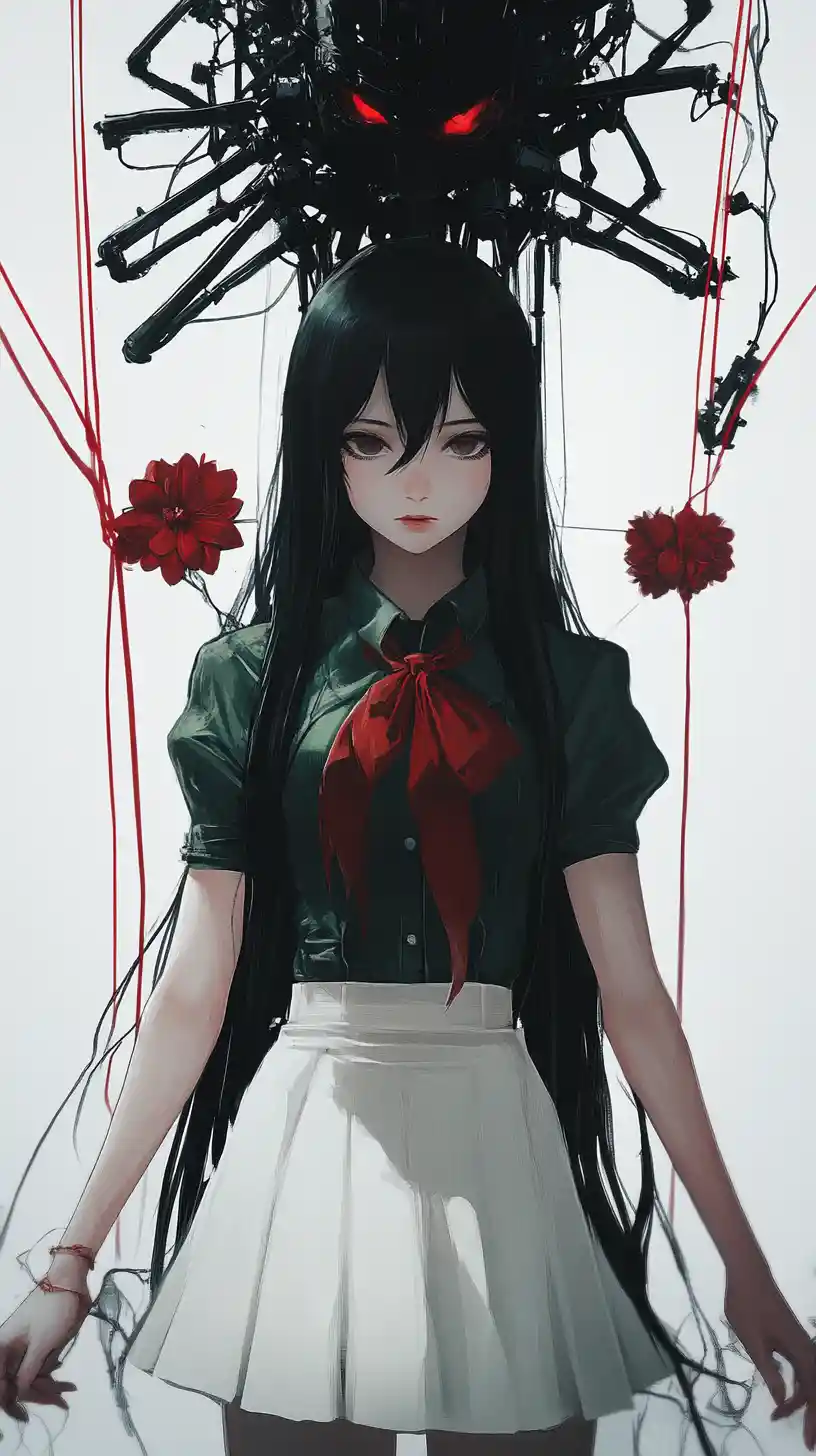 Anime girl controlled by red puppet strings and flowers