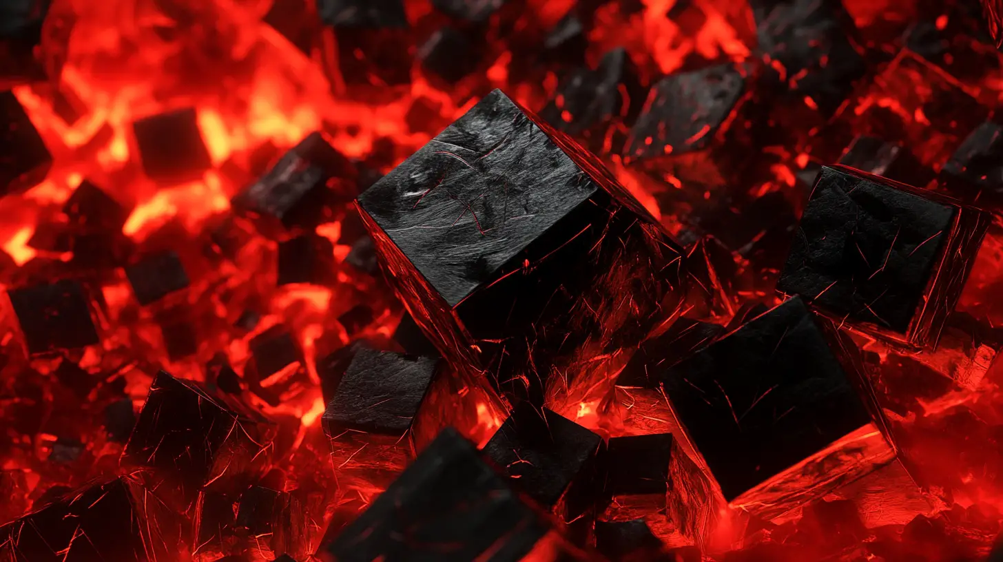 Chaotische schwarze 3D-Würfel über glühend rotem Lava-Hintergrund