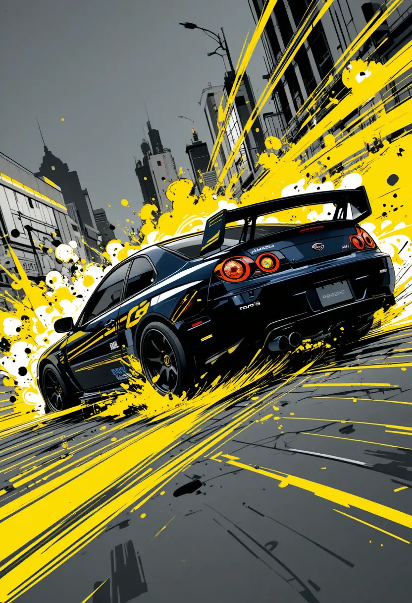 Voiture de sport bleu foncé en drift à travers l’énergie jaune explosive de la ville
