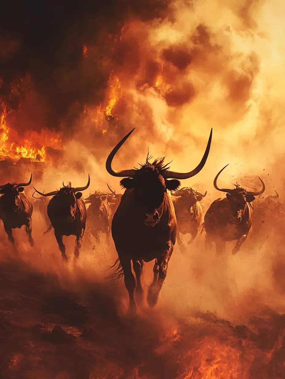 Stampede wilder Longhorns in einer zerstörten apokalyptischen Stadt