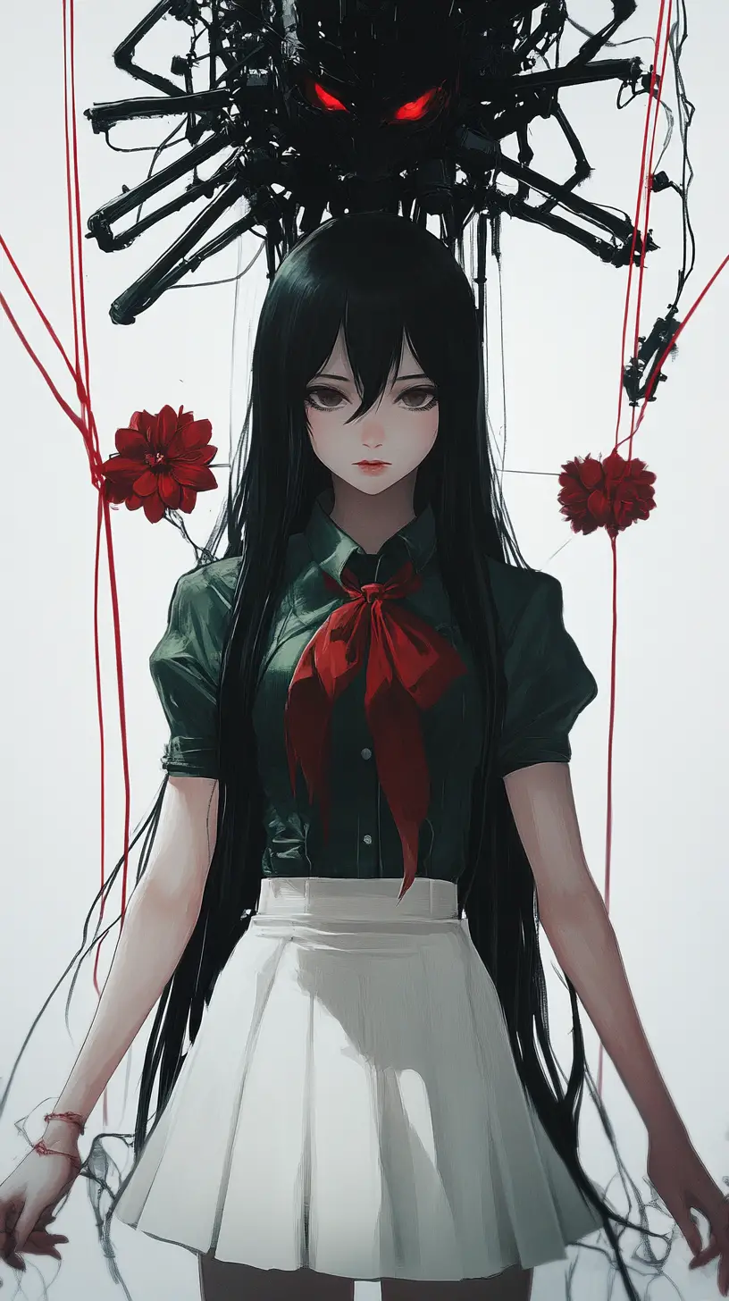 Fille d’anime contrôlée par des fils de marionnette rouges et des fleurs