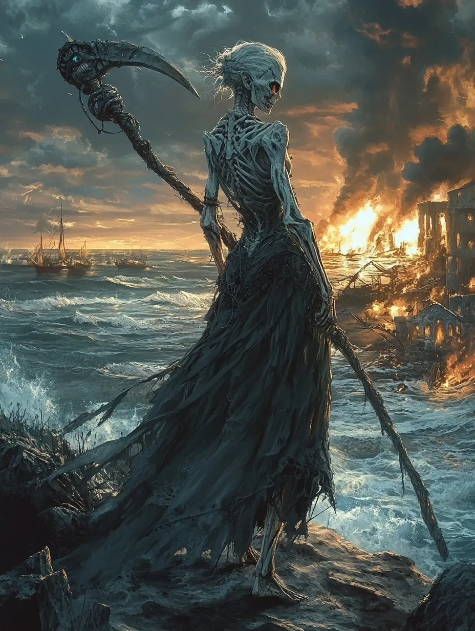 海上の戦いを見下ろす崖の上の死神の女