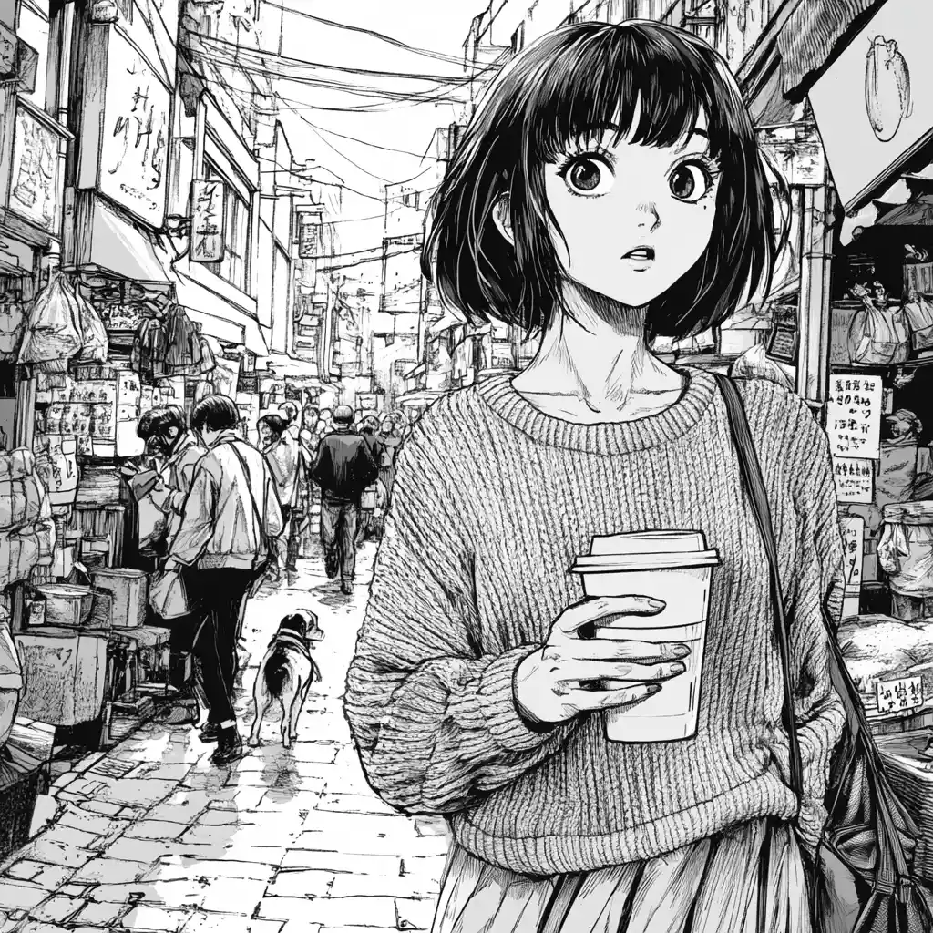 熱鬧日本街頭市集裡拿著咖啡的漫畫少女