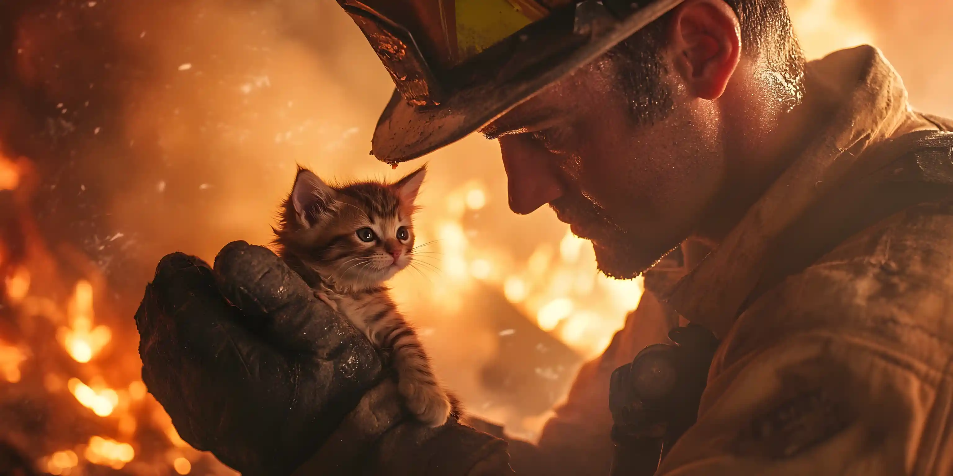 Pompiere che salva un gattino da un violento incendio in casa