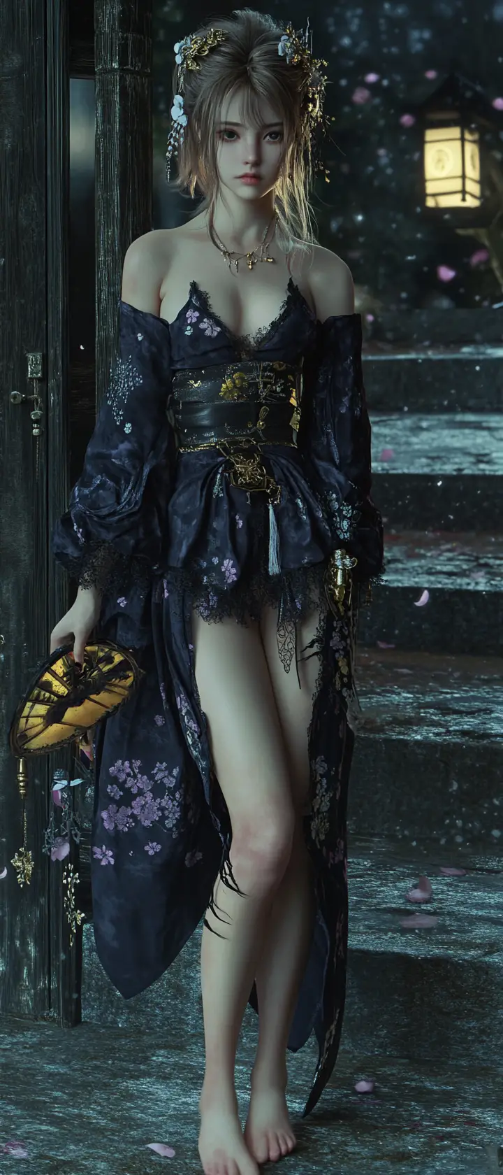 月光下神社石階上的哥德風日本少女