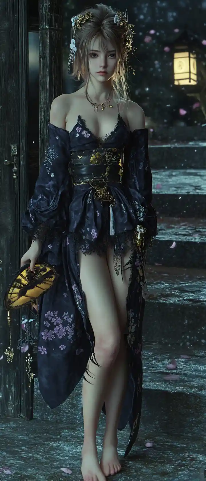 Gothic Japanese girl on a moonlit shrine stairway