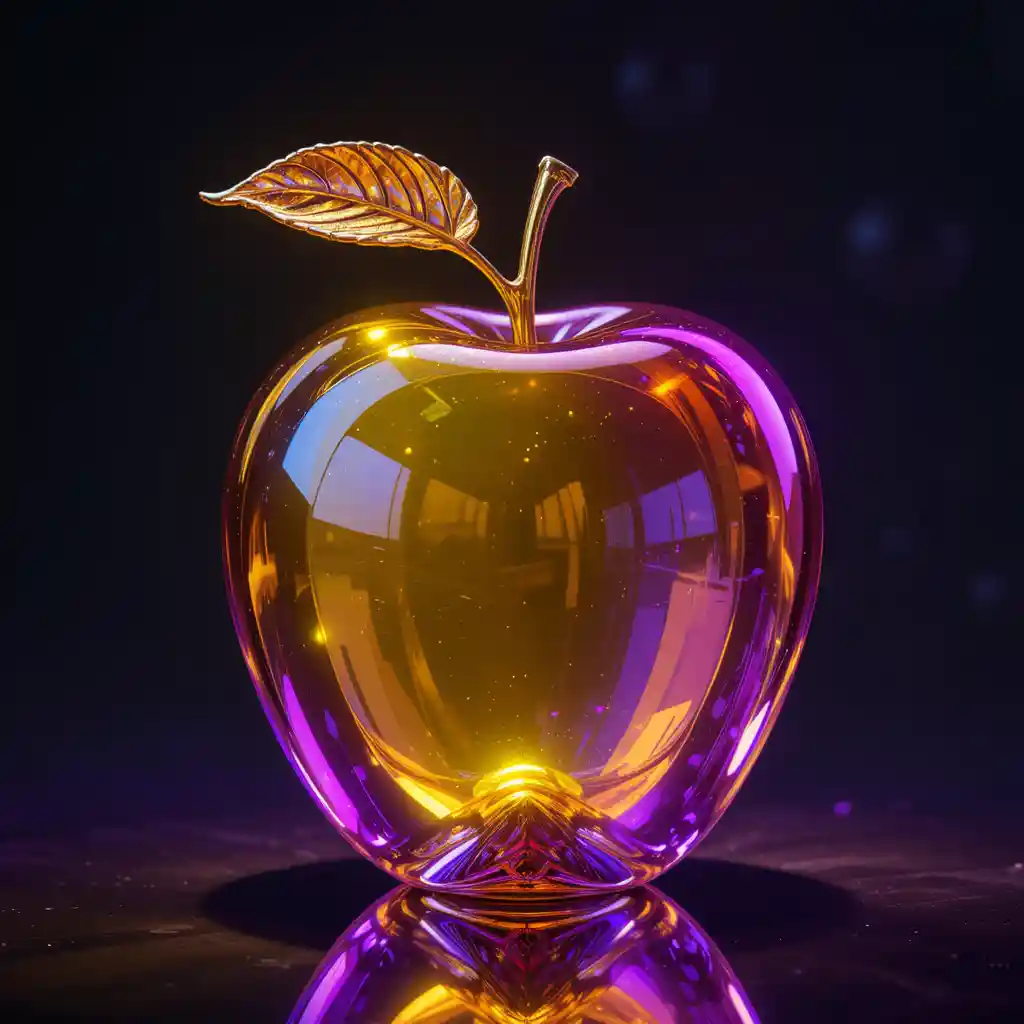 Leuchtender Glasapfel mit violetten und goldenen Reflexionen