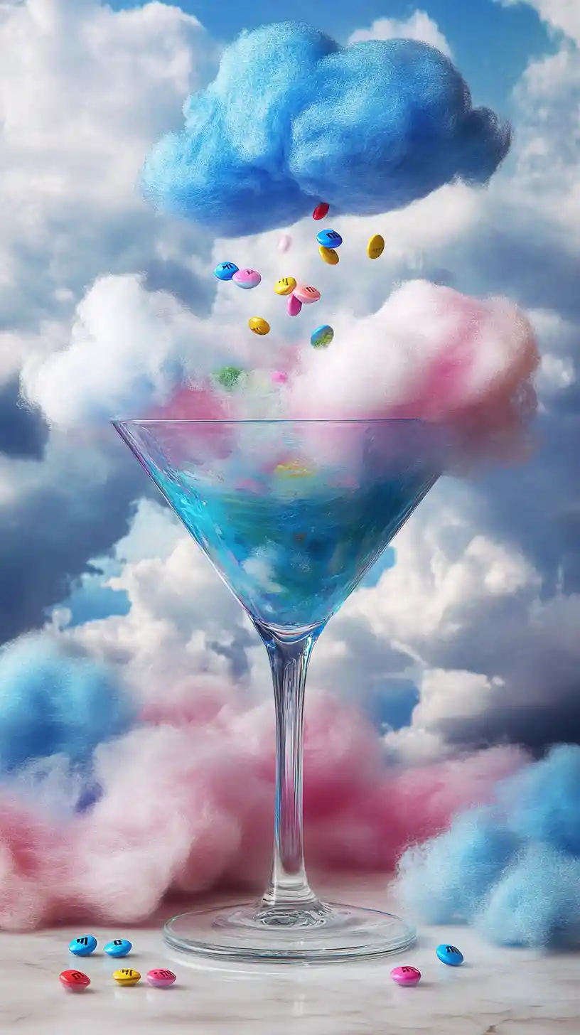 Whimsical cotton candy martini with raining rainbow candies