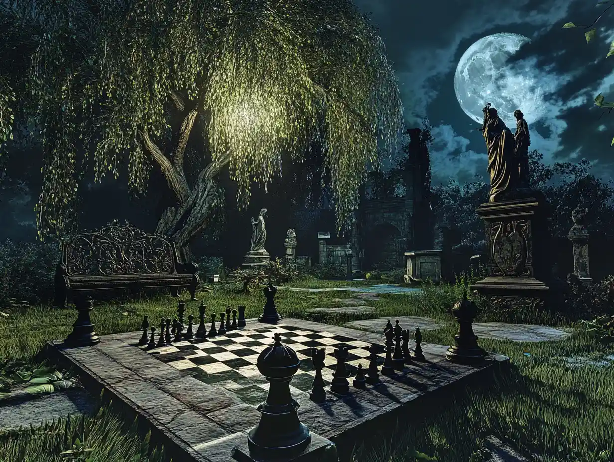 Scacchiera in giardino al chiaro di luna tra rovine e salici