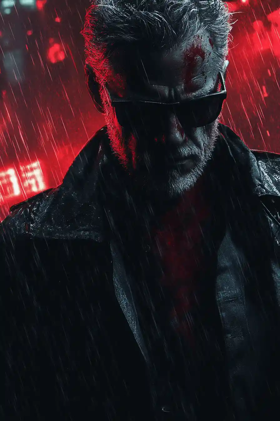 Rugged Older Man In Rainy Noir City Showdown