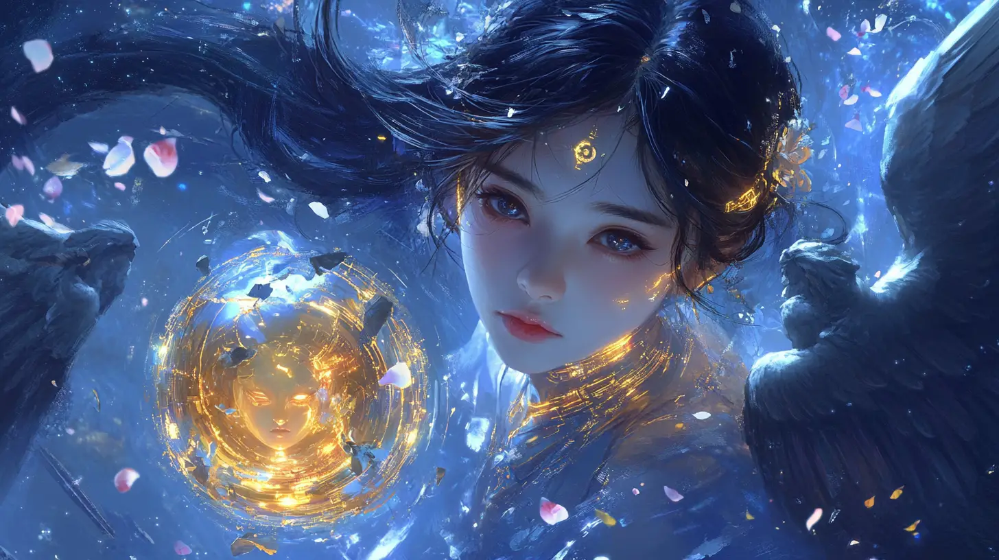 Fille d’anime cybernétique sur un champ de bataille céleste brisé