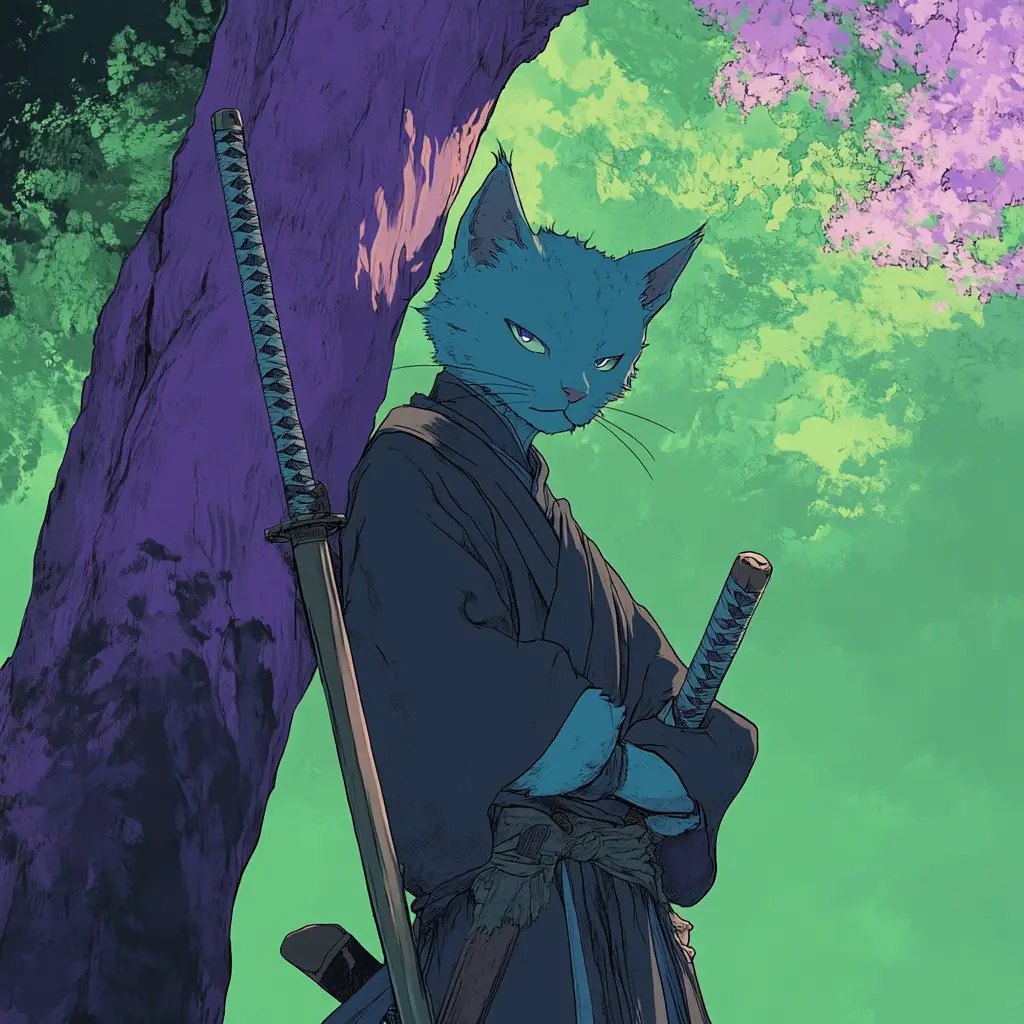 Gatto spadaccino blu in stile anime accanto a un albero viola