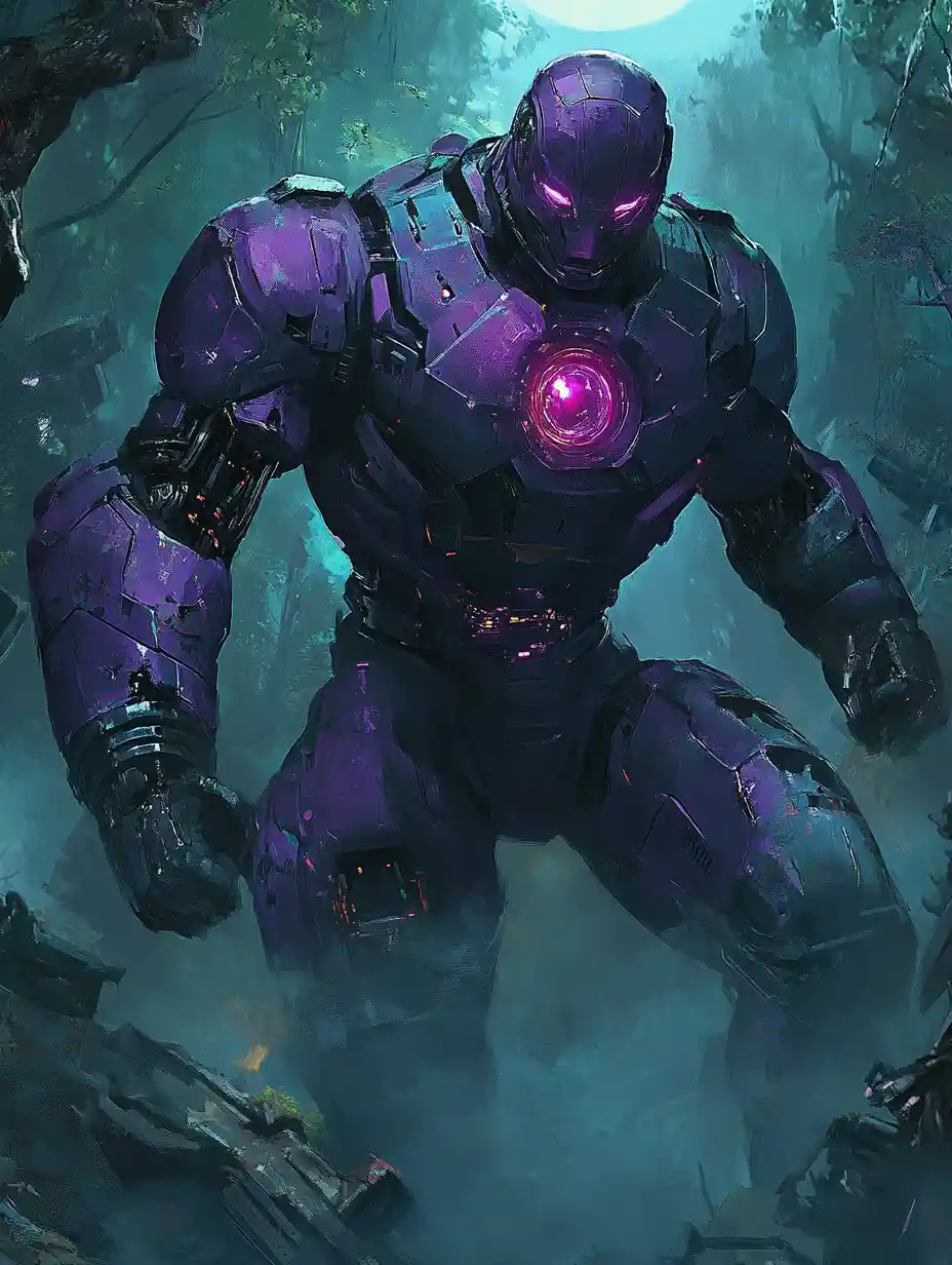 Giant sentinel robot in a futuristic jungle battlefield