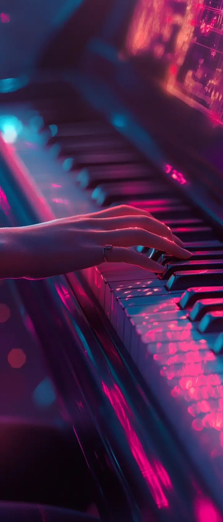 Donna sorda che sente le vibrazioni del pianoforte con le mani