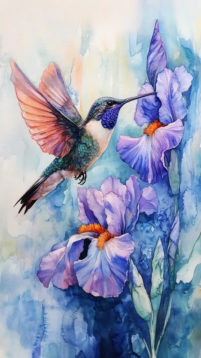 Colibrì ad acquerello con fiore di iris in volo sereno