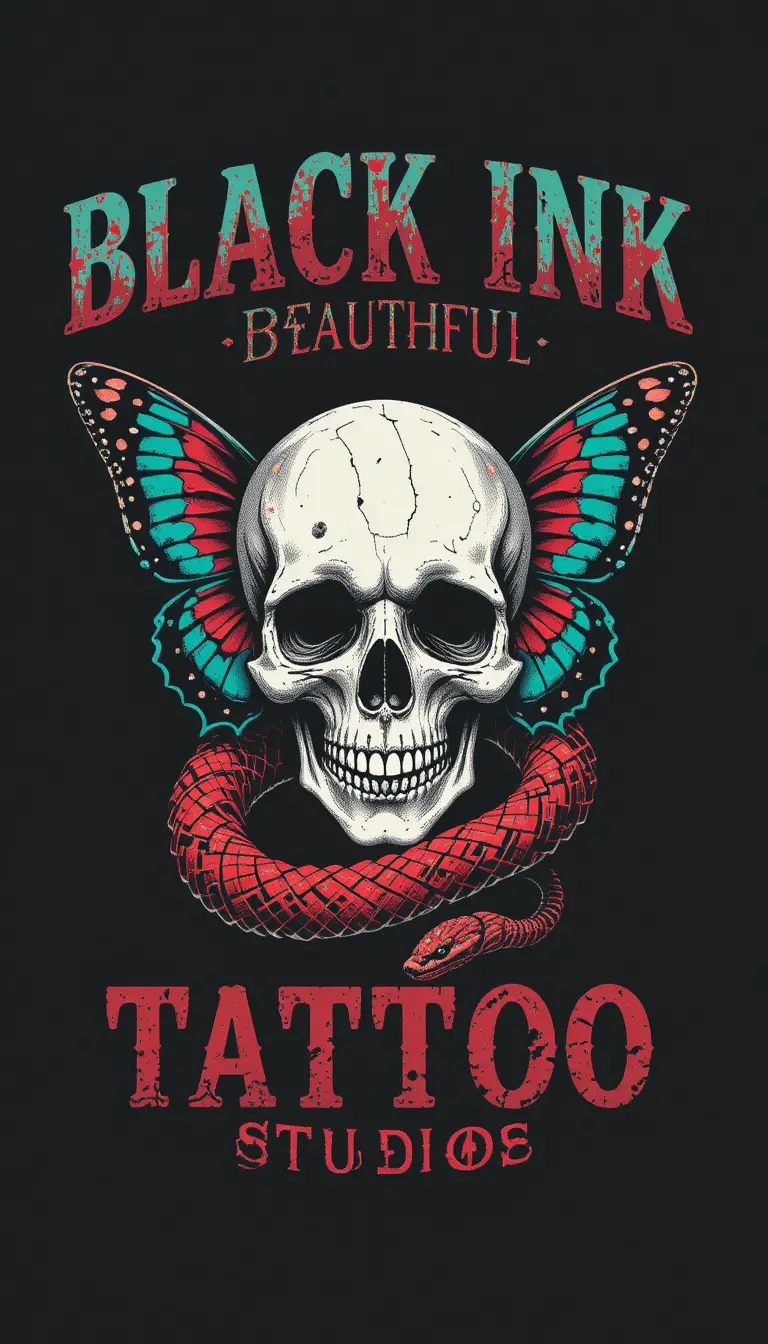 Schlangen- und Totenkopf-Tattoo mit Schmetterling auf schwarzem Hintergrund