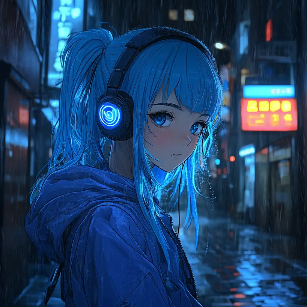雨中霓虹城市小巷裡的藍髮動漫女孩