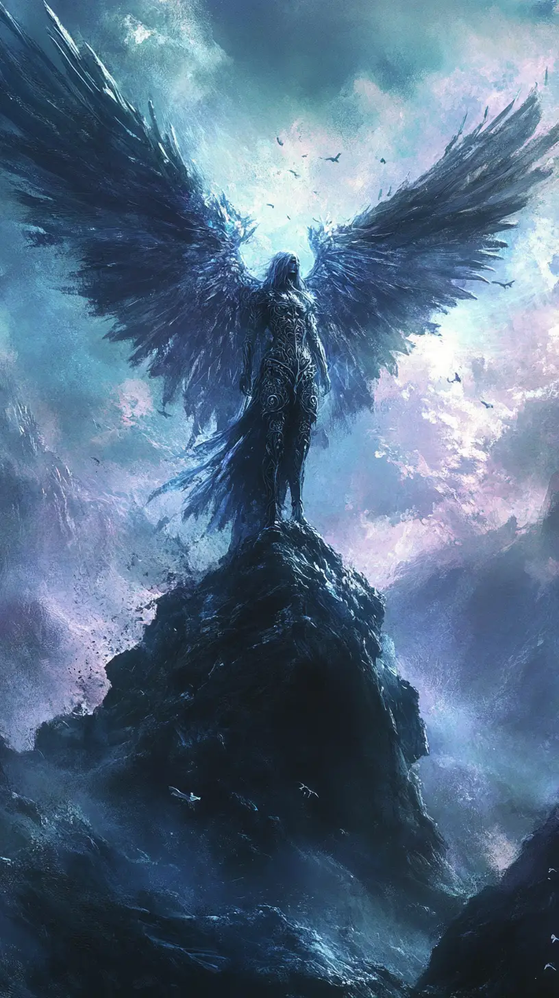 神秘天空下山巔上的羽翼天使