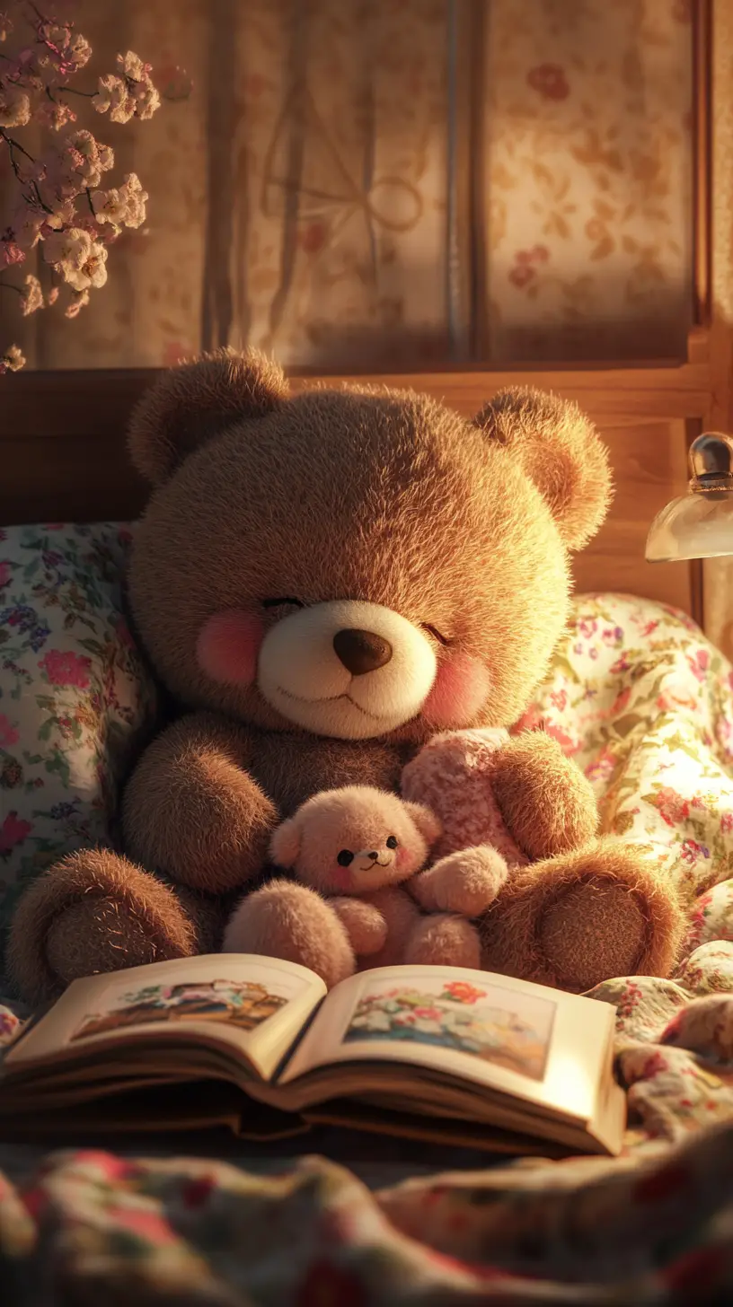 Cute teddy bear snuggled in bed with storybook