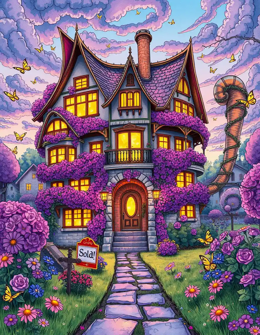 Whimsical cat shaped fantasy house in blooming garden