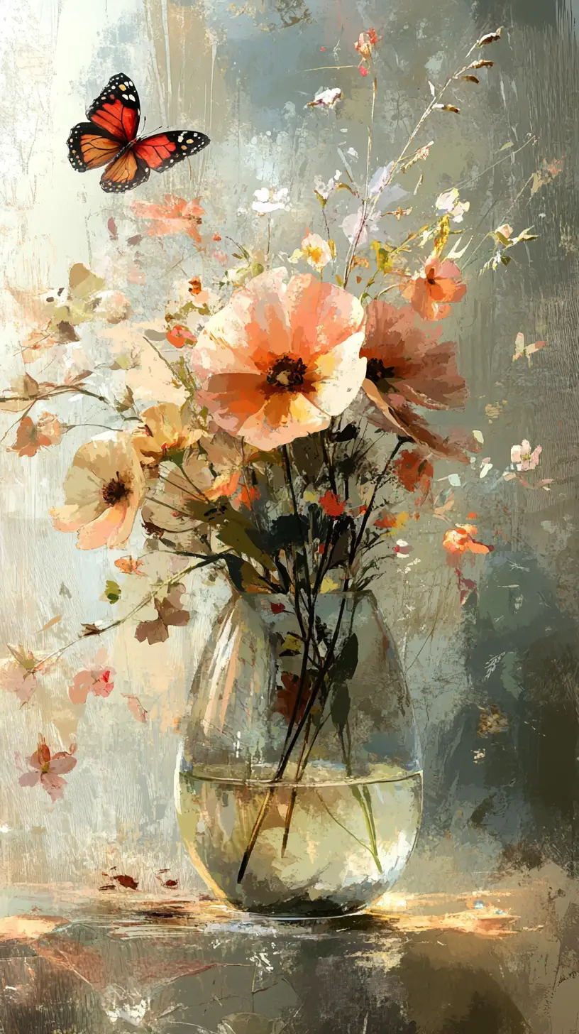 Floral arrangement with butterfly in warm digital painting style