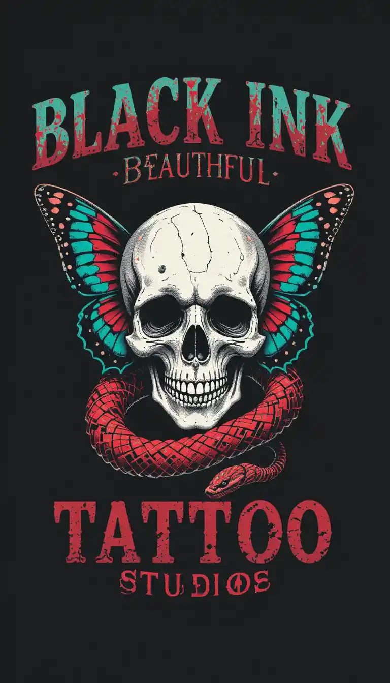 Snake And Skull Tattoo With Butterfly On Black Background
