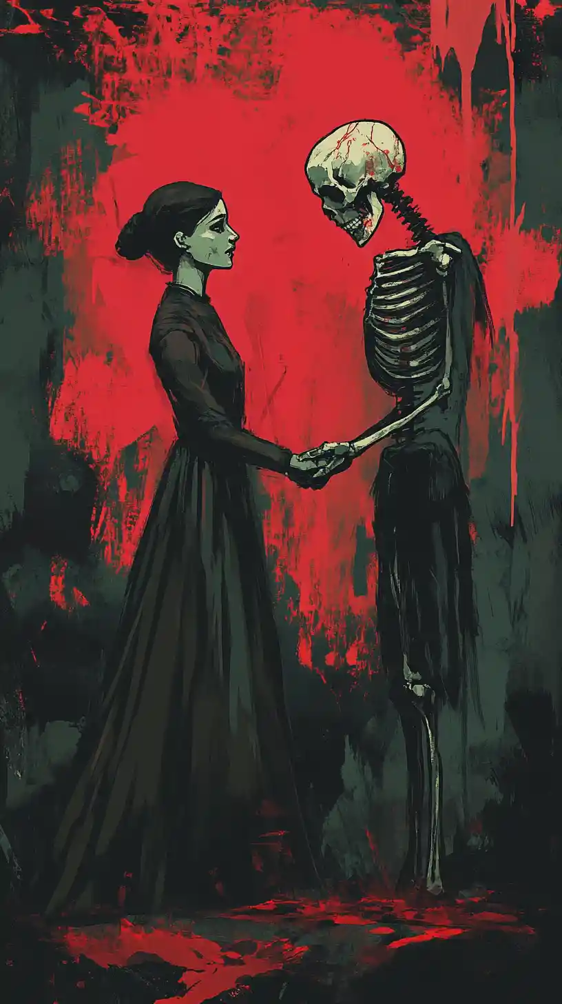 Cartoon woman holding hands with a skeleton in darkness