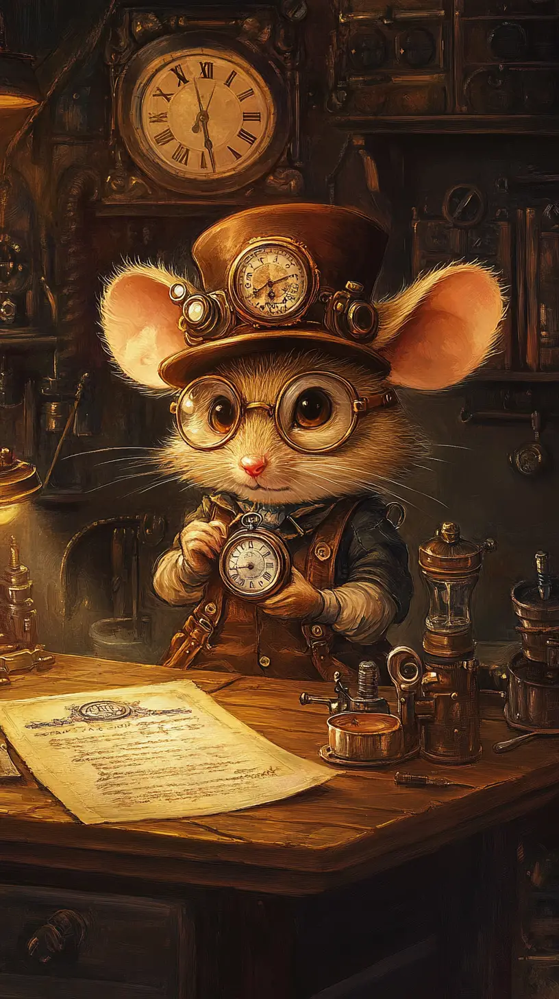 Steampunk-Maus mit Taschenuhr in gemütlicher Uhrenwerkstatt