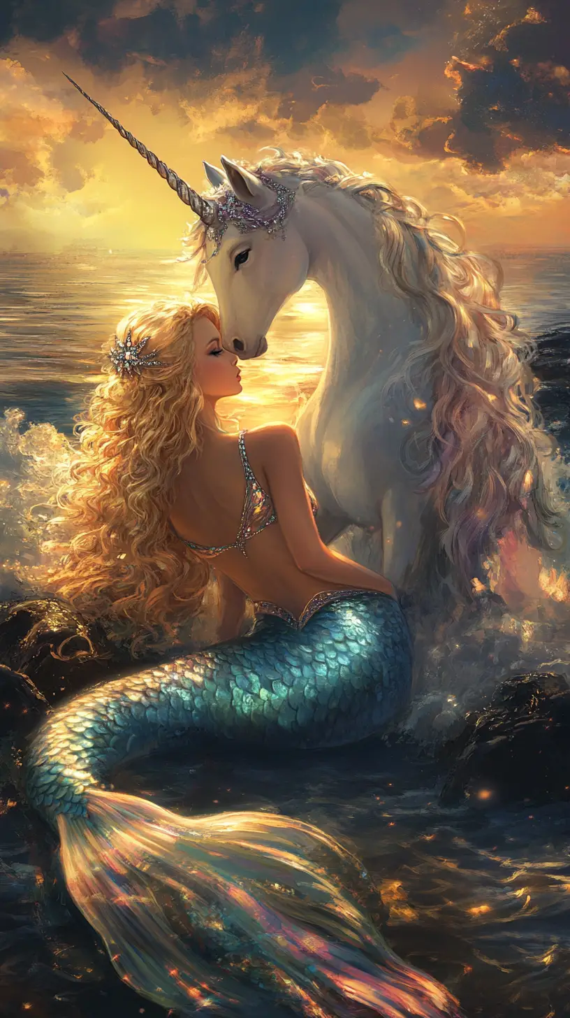 Sirena serena e unicorno sulla riva della spiaggia al tramonto