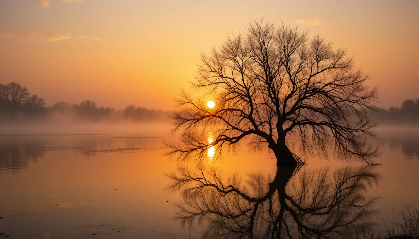 Sonnenaufgang über einem ruhigen spiegelnden See mit einsamer Weide