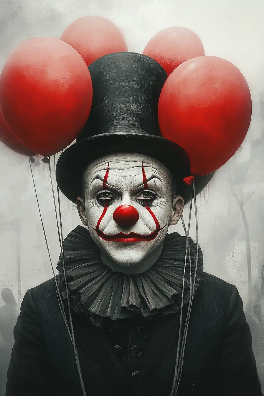 Clown With Red Nose And Balloons In Gray Abstract Background