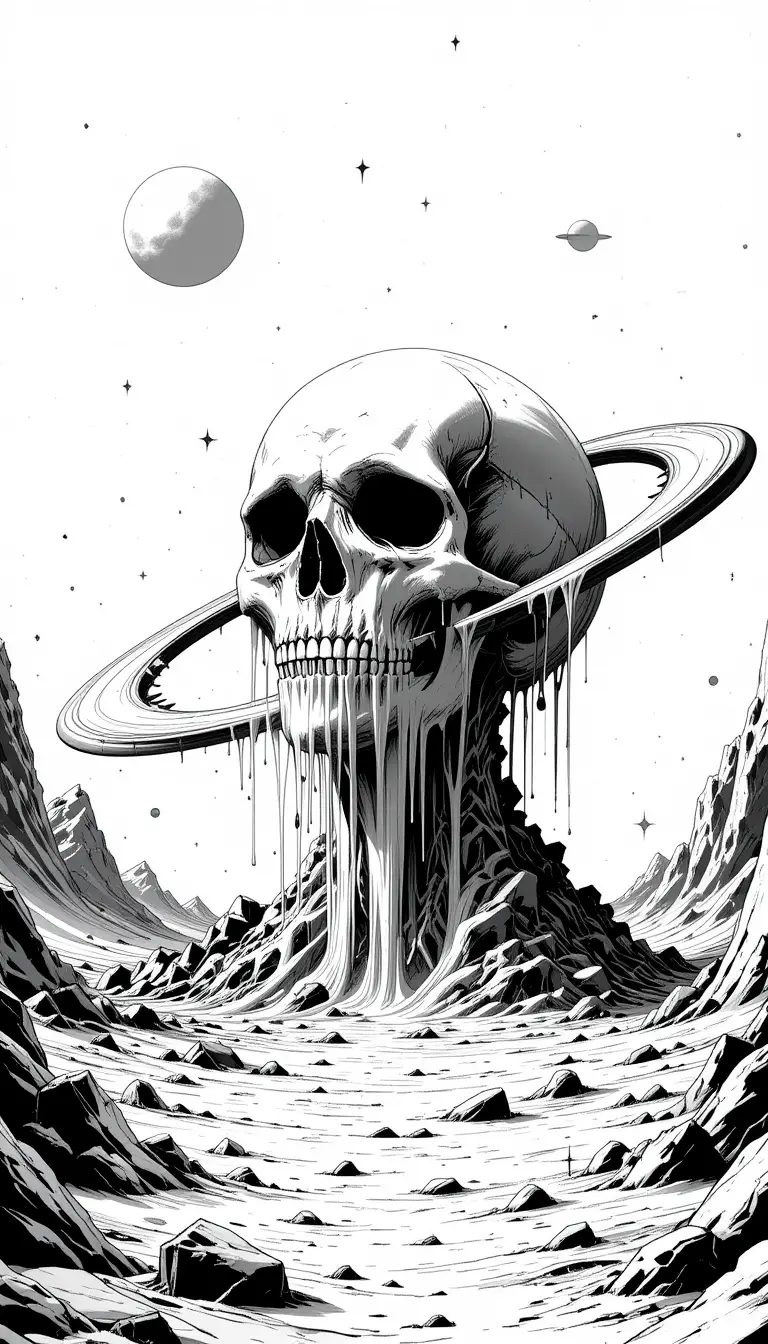 單色宇宙景觀中的超現實融化骷髏星球