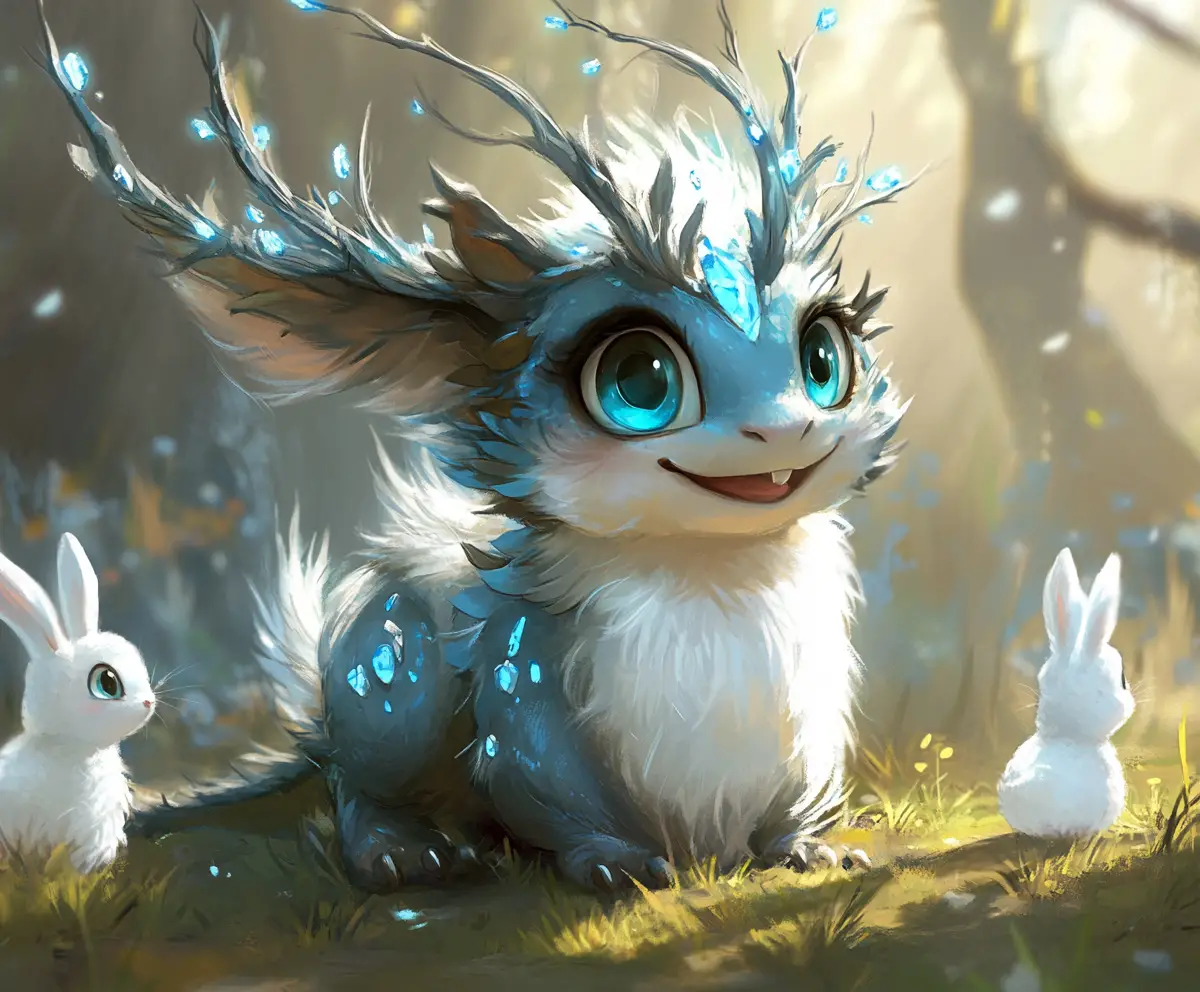 Cute thunder dragon with rabbits in magical forest