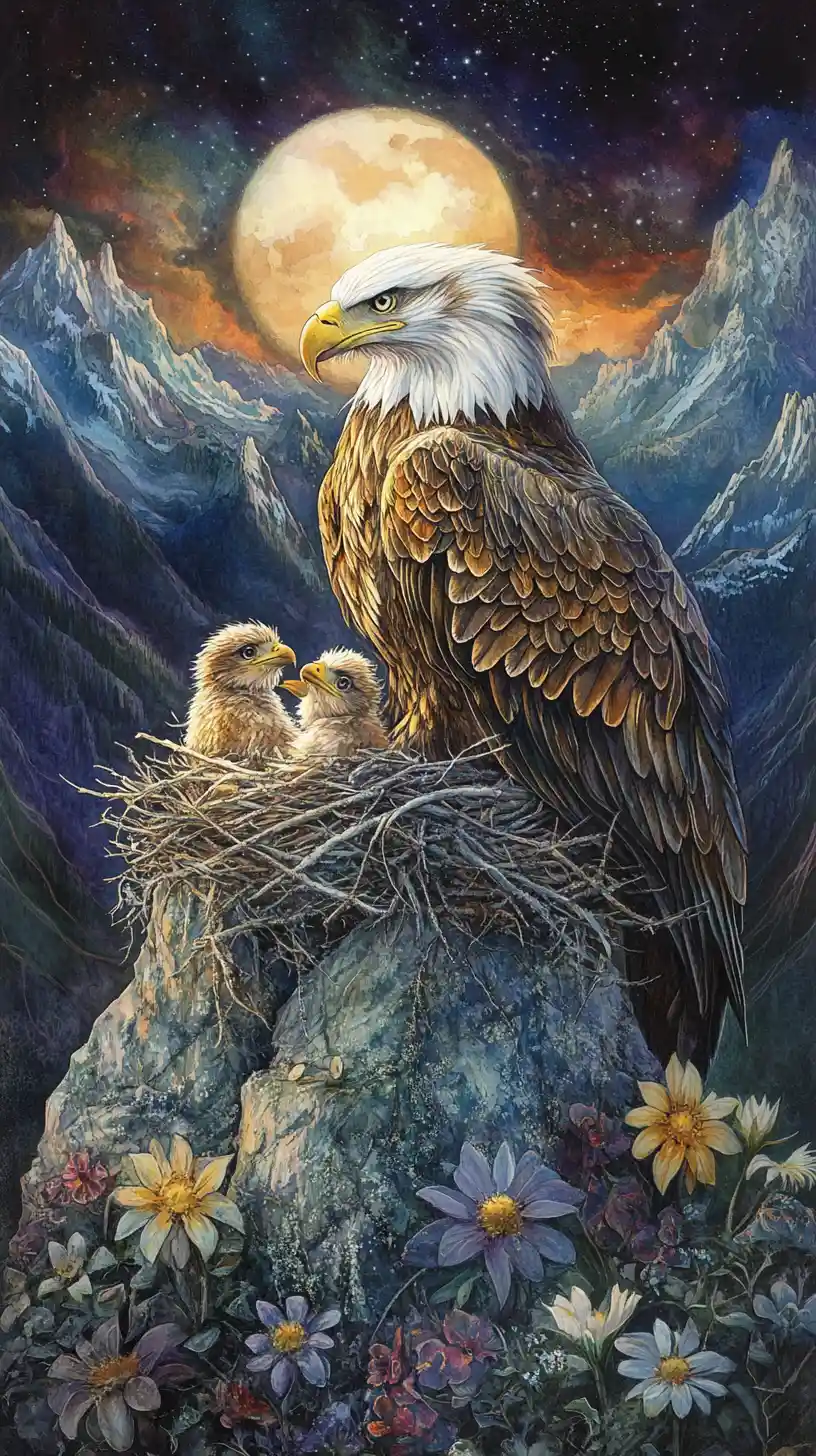 Majestic eagle feeding chicks in a moonlit mountain nest
