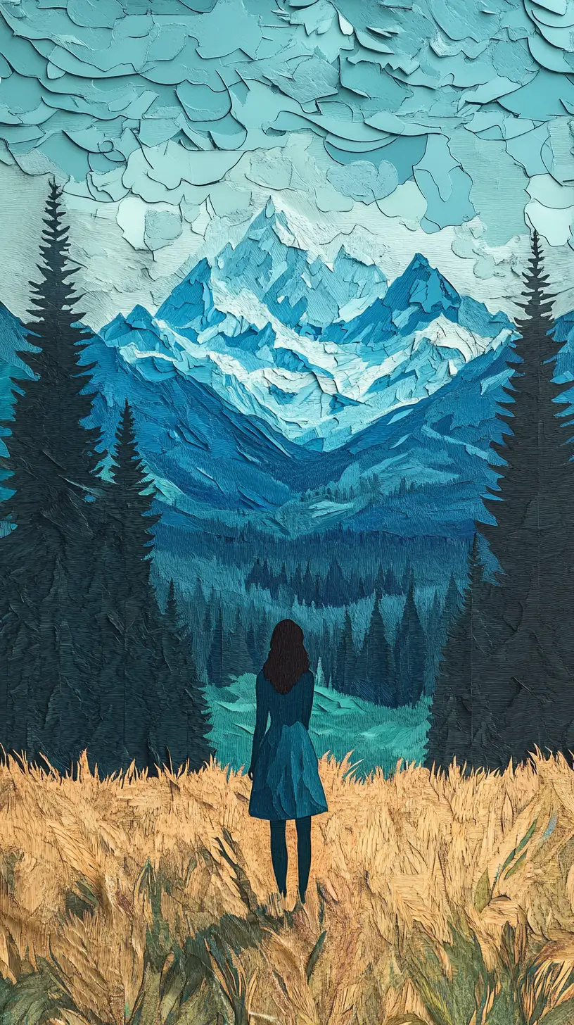 Femme debout dans un champ devant une forêt et des montagnes lointaines