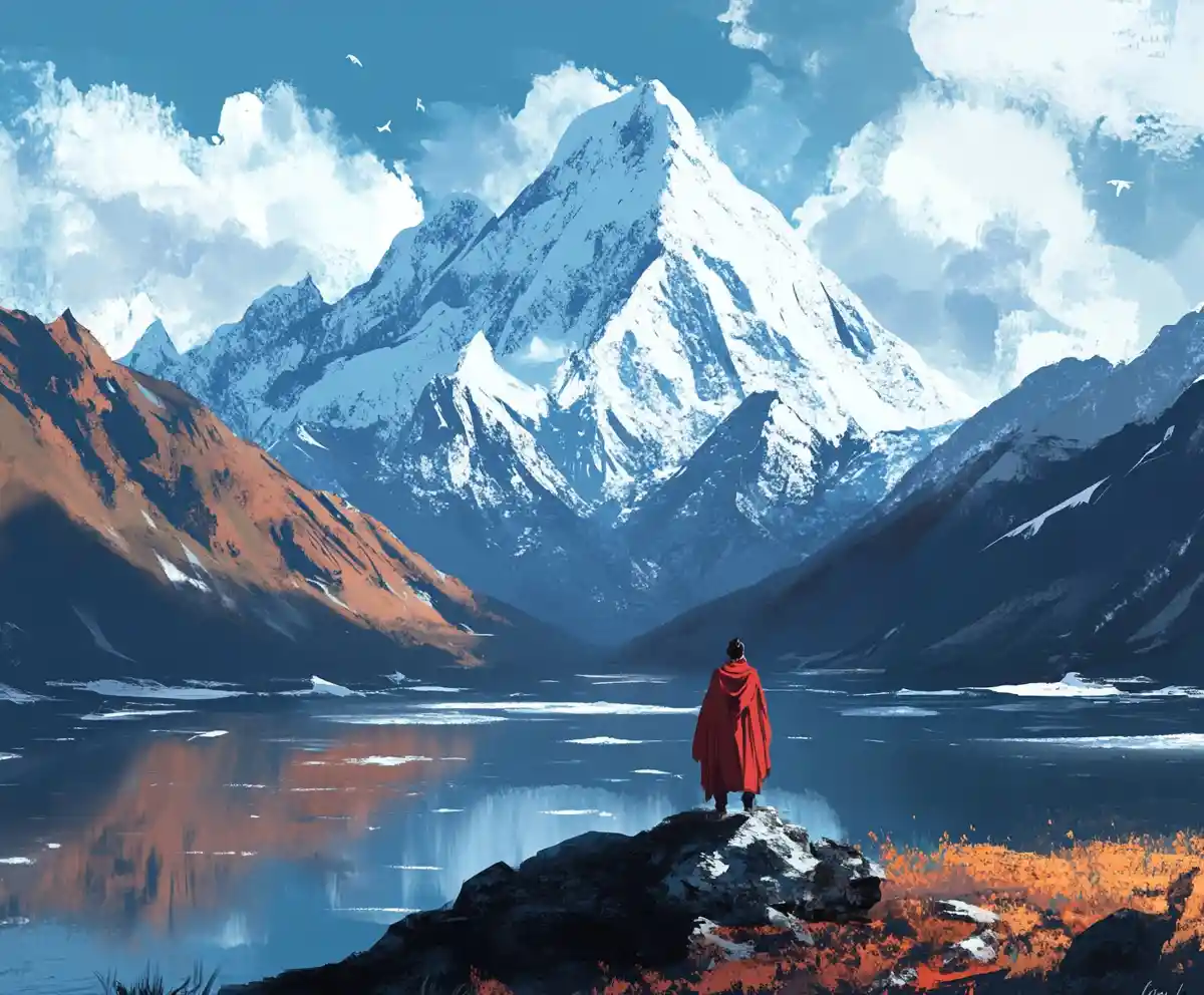 Disegno digitale di intenzioni pure in una scena ispirata al Tibet