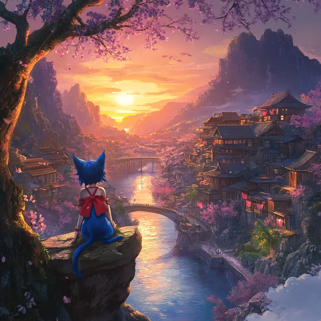 Ragazza dai capelli blu e gatto che osservano un villaggio sul fiume al tramonto