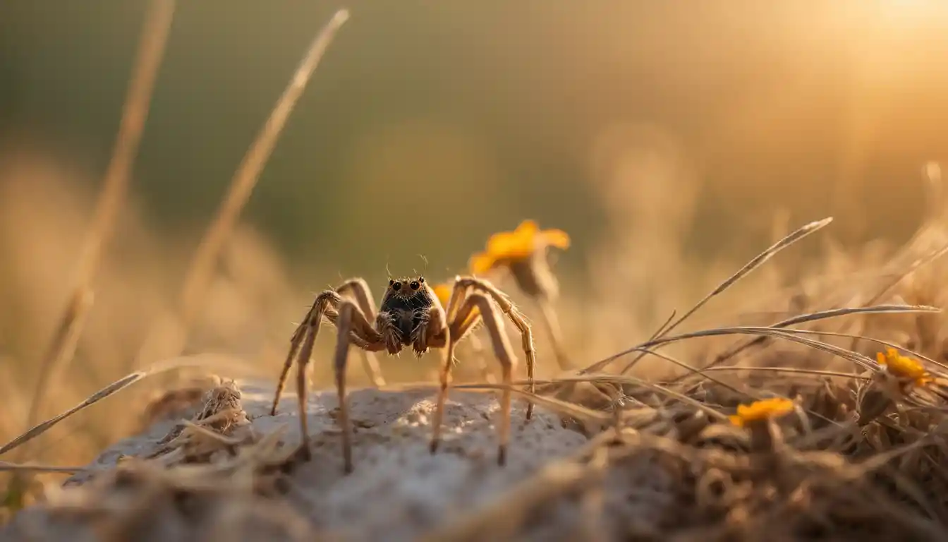 Makroaufnahme einer Spinne im filigranen Netz auf goldener Wiese