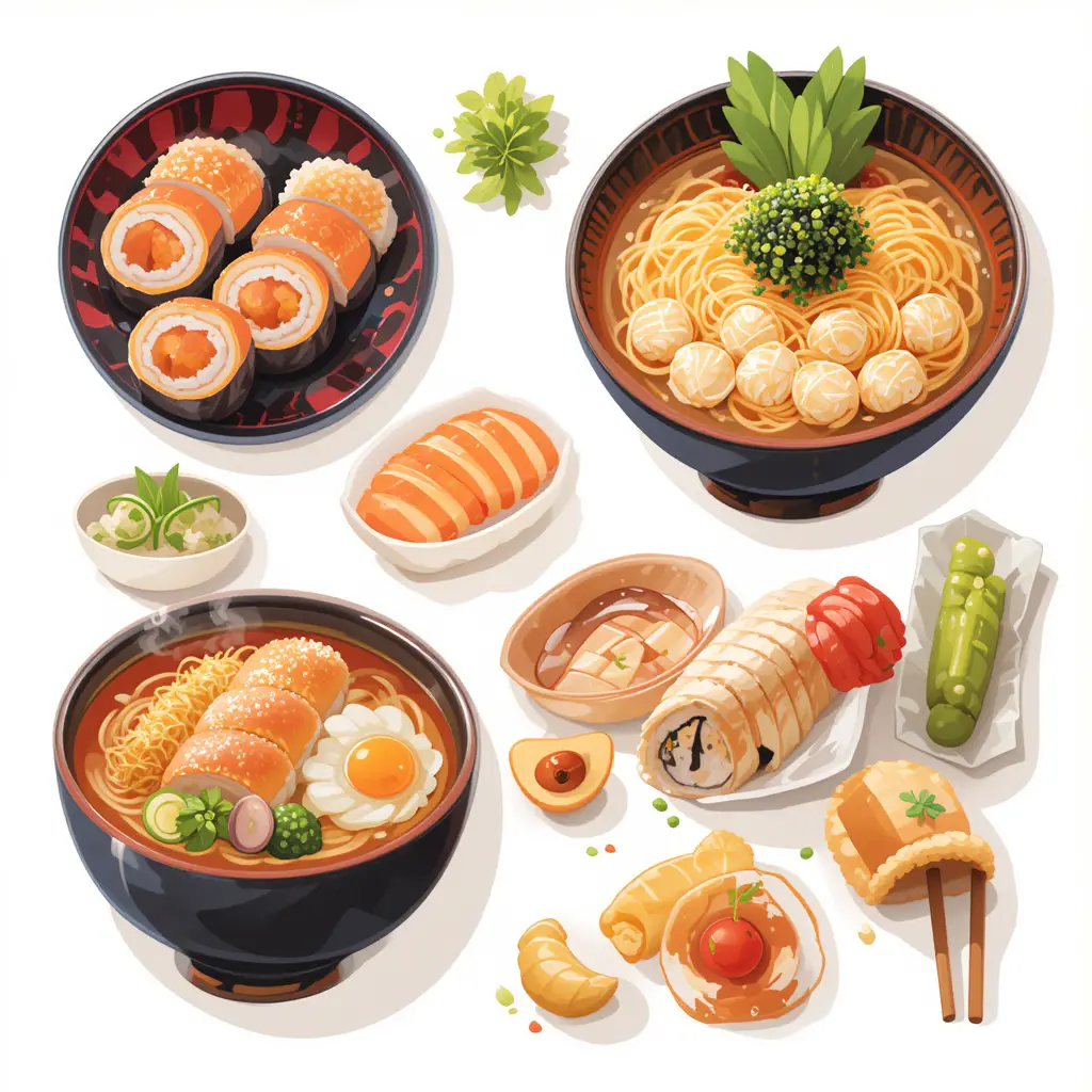 日本料理組合俯視向量插畫