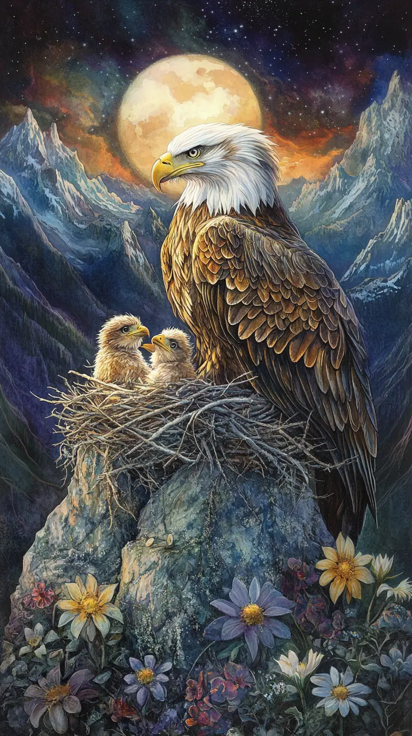 Majestätischer Adler füttert Küken in einem mondbeschienenen Bergnest