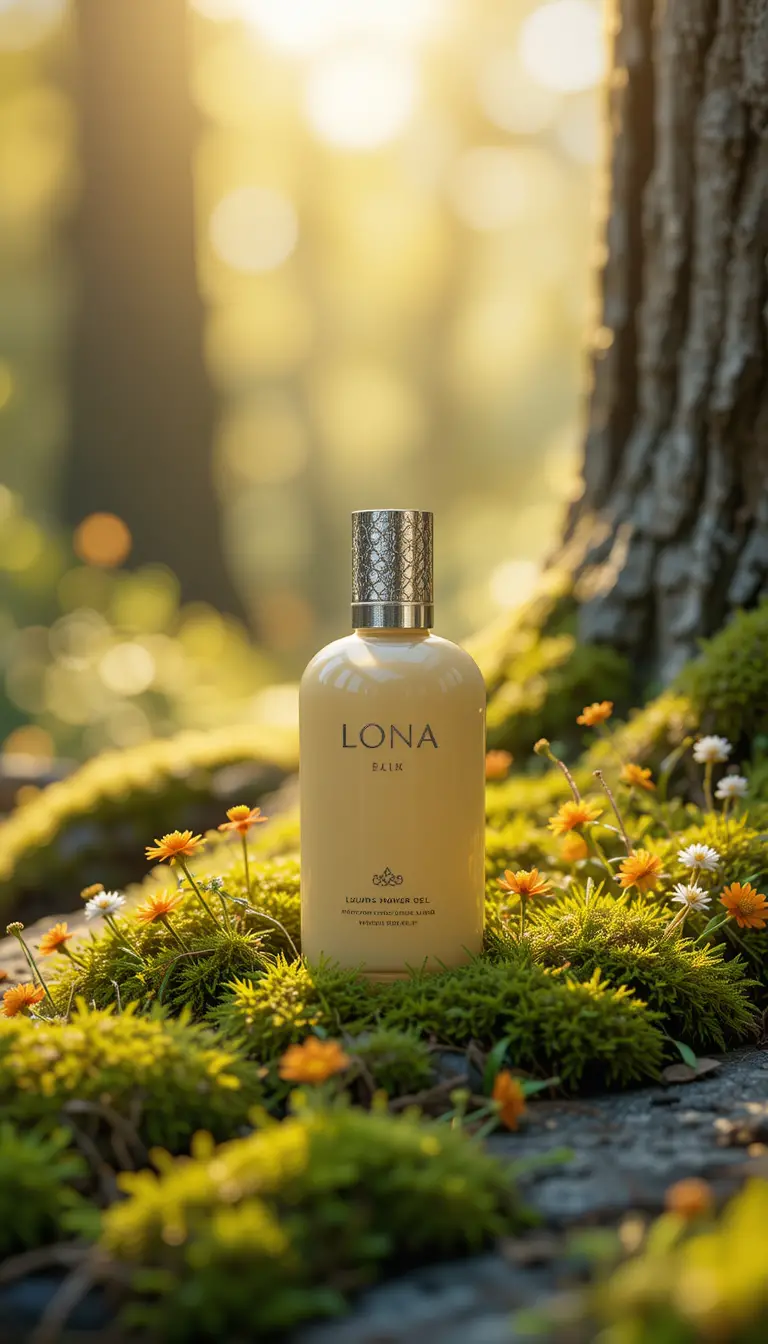 Luxuriöse Duschgel-Flasche auf moosbedecktem Waldstein