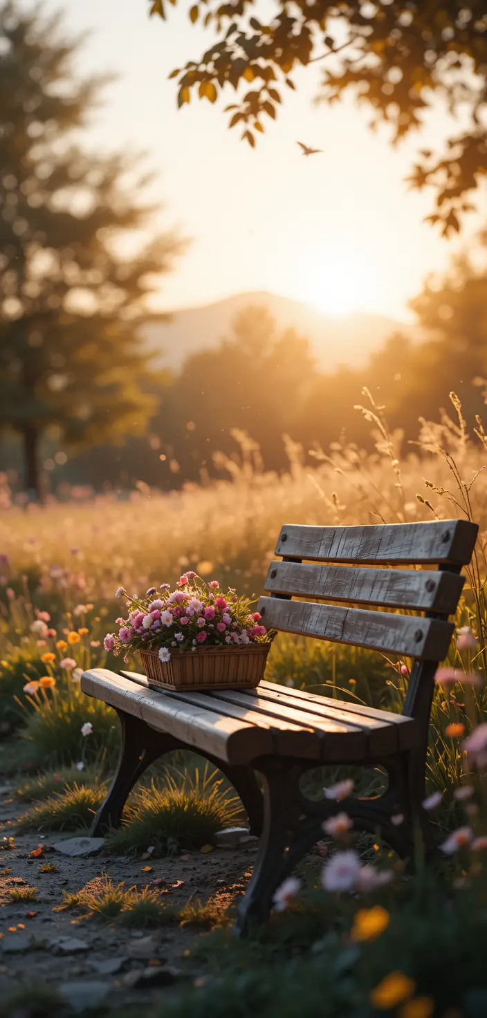 Einsame Holzparkbank mit Blumen im warmen Sonnenlicht