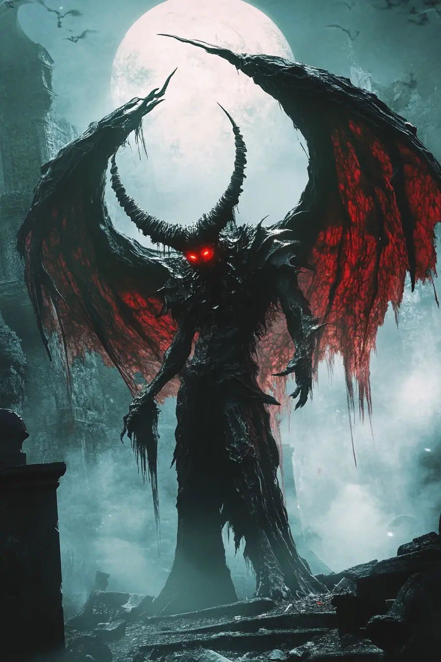 Gotisches gehörntes Monster auf einem nebligen mondbeschienenen Friedhof
