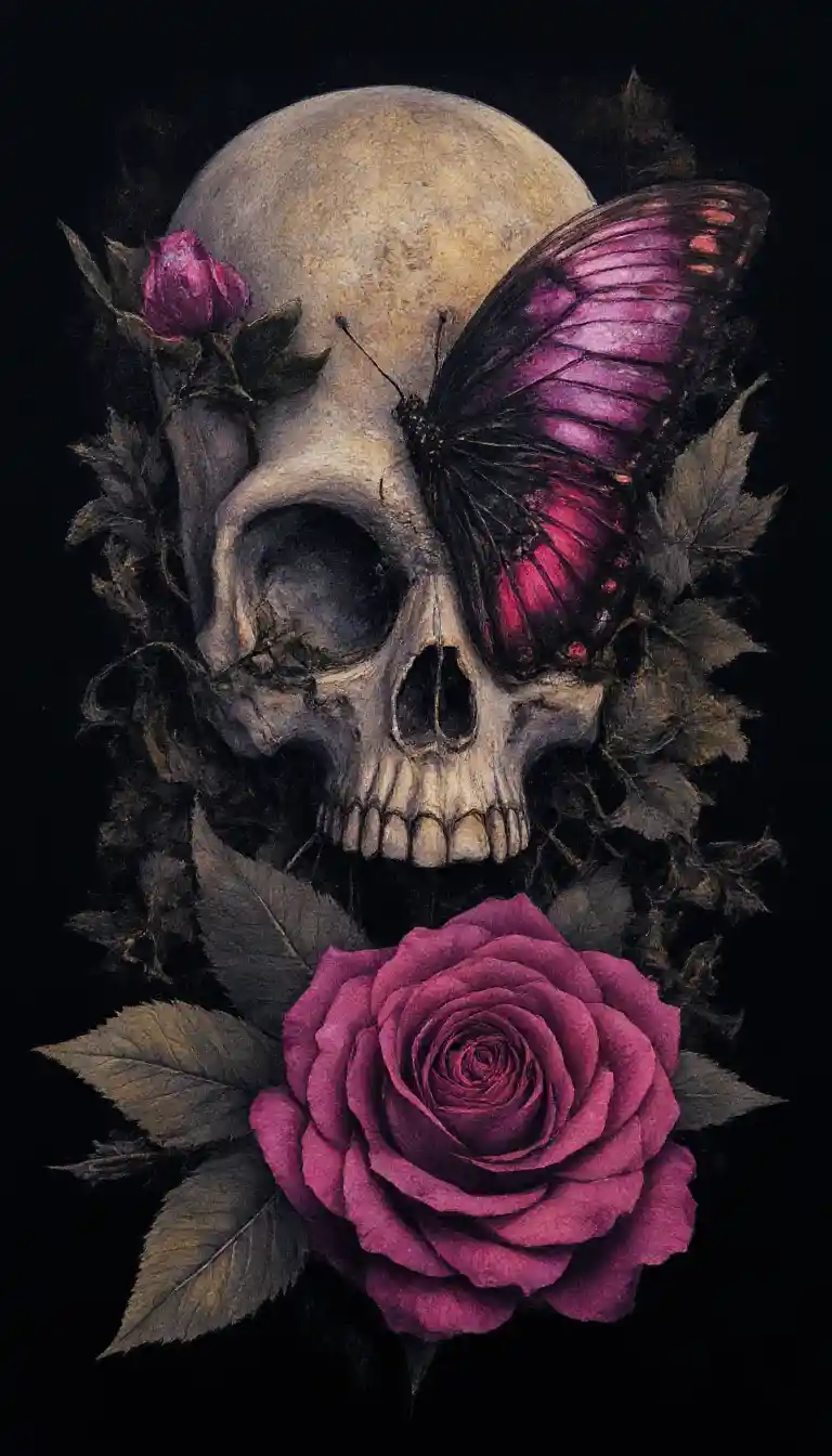 Surreal skull collage with butterfly mask and roses